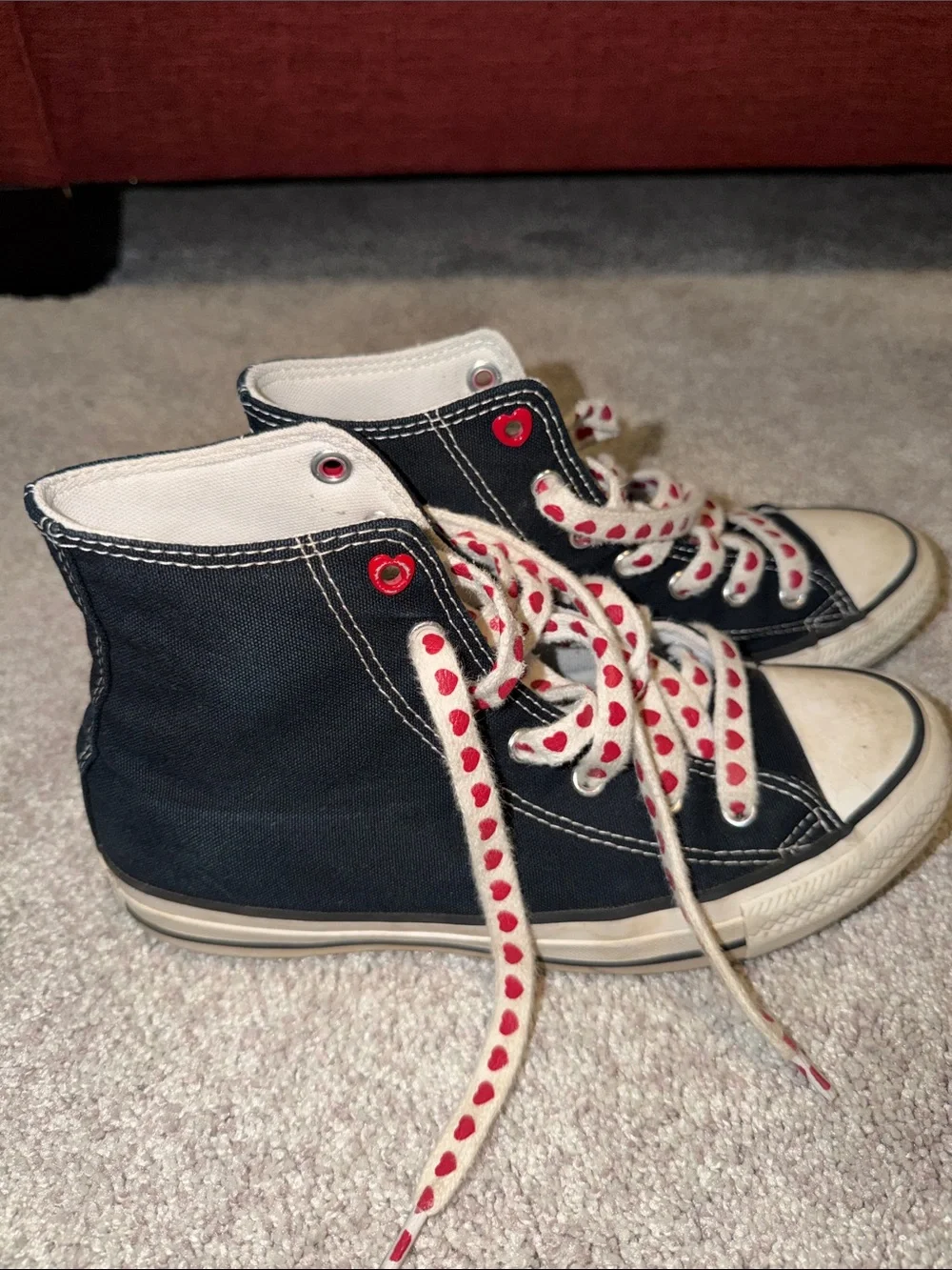 Converse Black High-Top Sneakers with Red Heart Laces